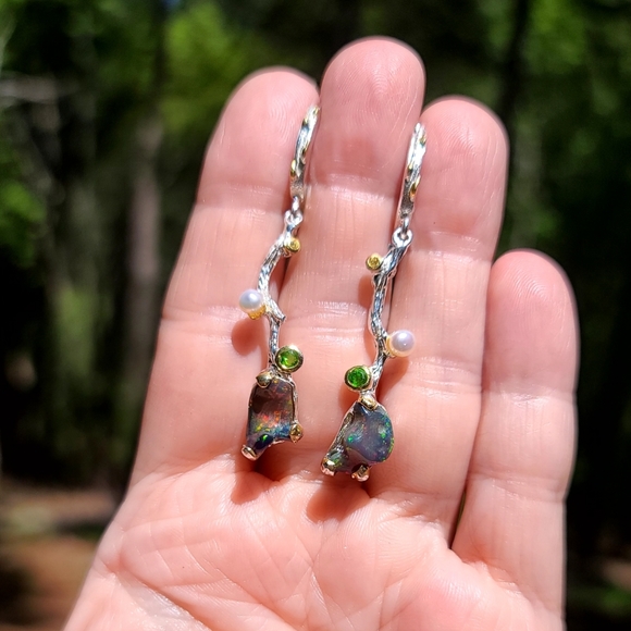 RAW black Opal chrome Diopside pearl & citrine sterling vine earrings - Picture 3 of 13